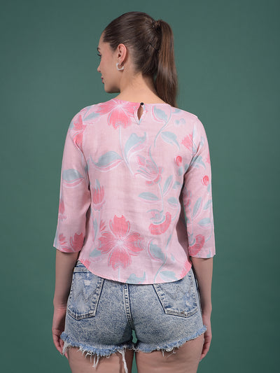 Pink Floral Print Linen Top-Women Tops-Crimsoune Club