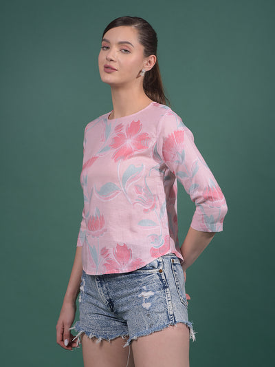 Pink Floral Print Linen Top-Women Tops-Crimsoune Club
