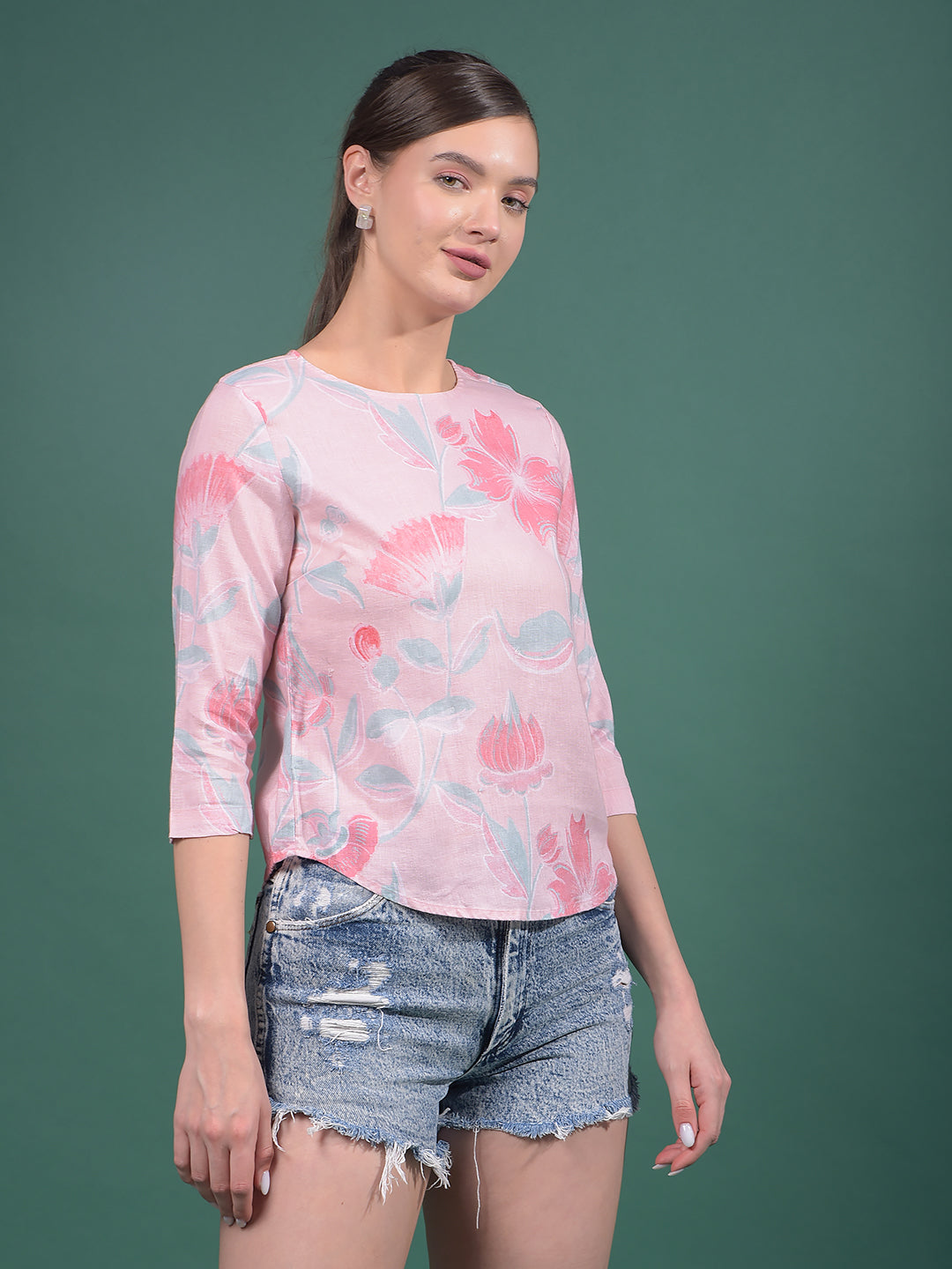 Pink Floral Print Linen Top-Women Tops-Crimsoune Club