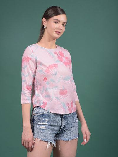 Pink Floral Print Linen Top-Women Tops-Crimsoune Club