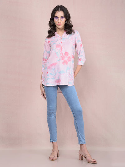 Pink Floral Print V-Neck Linen Top-Women Tops-Crimsoune Club