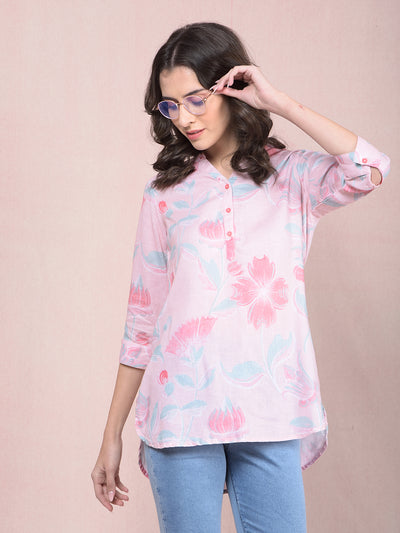 Pink Floral Print V-Neck Linen Top-Women Tops-Crimsoune Club