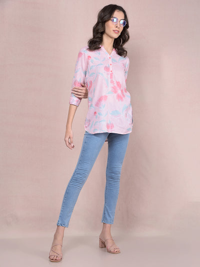Pink Floral Print V-Neck Linen Top-Women Tops-Crimsoune Club