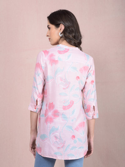 Pink Floral Print V-Neck Linen Top-Women Tops-Crimsoune Club