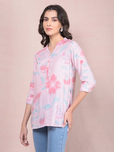 Pink Floral Print V-Neck Linen Top-Women Tops-Crimsoune Club
