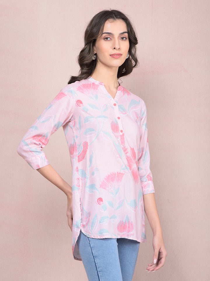 Pink Floral Print V-Neck Linen Top-Women Tops-Crimsoune Club