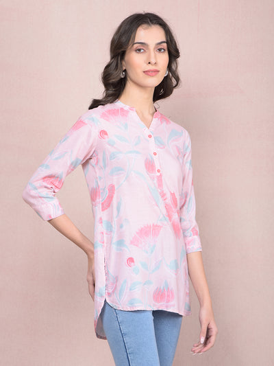 Pink Floral Print V-Neck Linen Top-Women Tops-Crimsoune Club