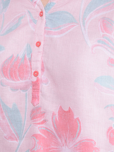 Pink Floral Print V-Neck Linen Top-Women Tops-Crimsoune Club