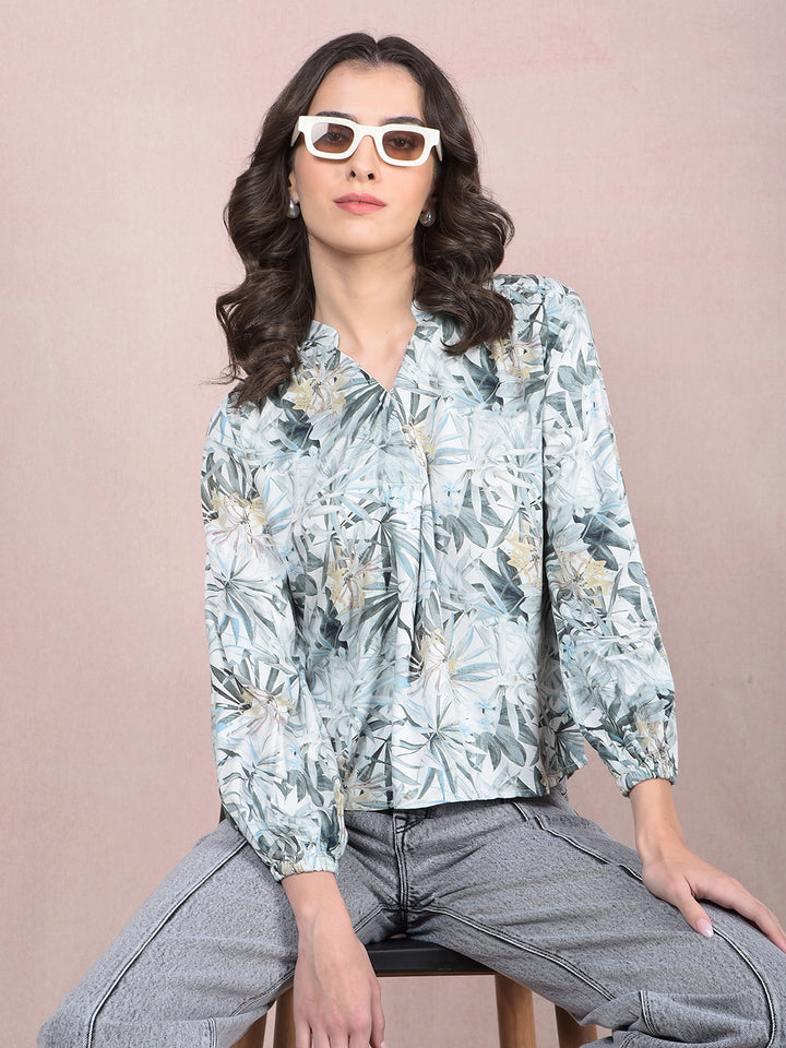 Green Floral Print V-Neck Top-Women Tops-Crimsoune Club