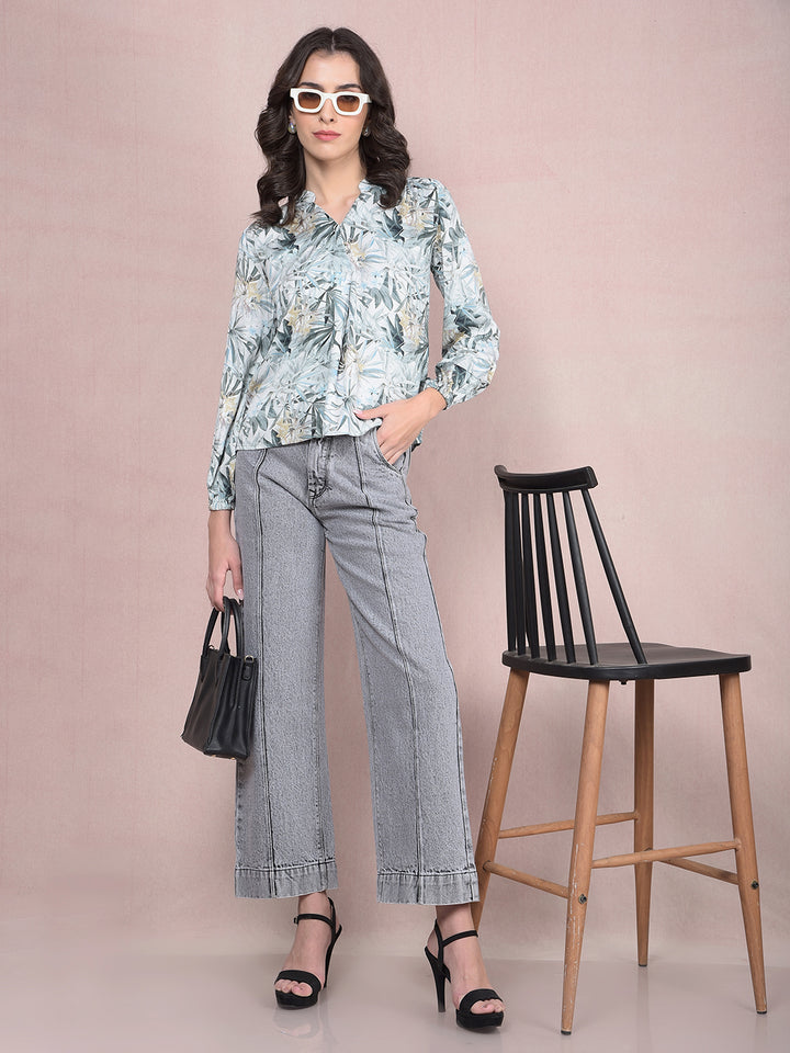 Green Floral Print V-Neck Top-Women Tops-Crimsoune Club