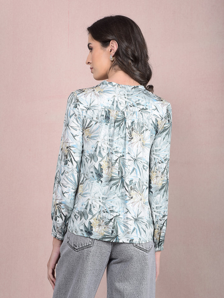 Green Floral Print V-Neck Top-Women Tops-Crimsoune Club
