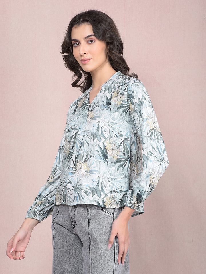 Green Floral Print V-Neck Top-Women Tops-Crimsoune Club
