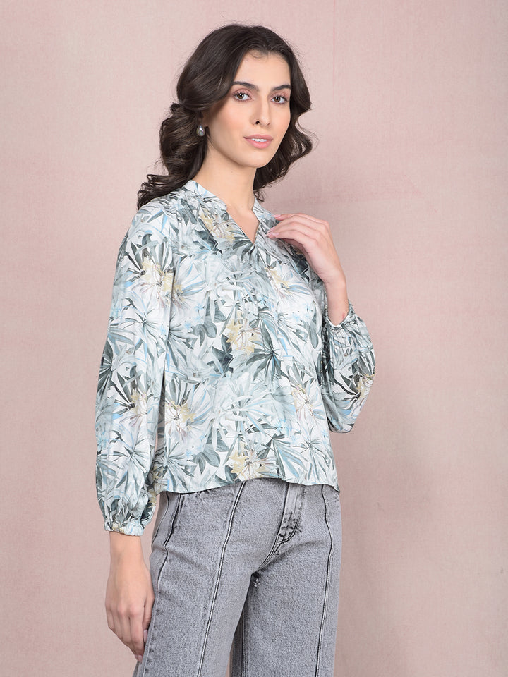 Green Floral Print V-Neck Top-Women Tops-Crimsoune Club