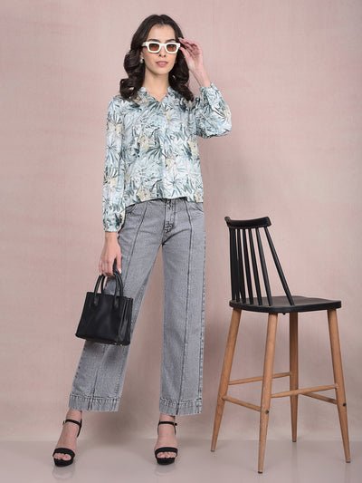 Green Floral Print V-Neck Top-Women Tops-Crimsoune Club