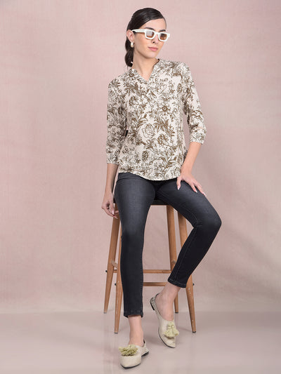 Brown Floral Print V-Neck Linen Top-Women Tops-Crimsoune Club