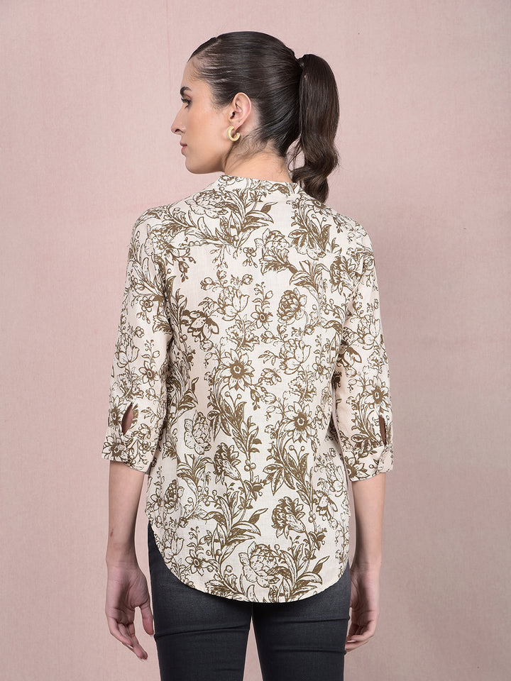 Brown Floral Print V-Neck Linen Top-Women Tops-Crimsoune Club