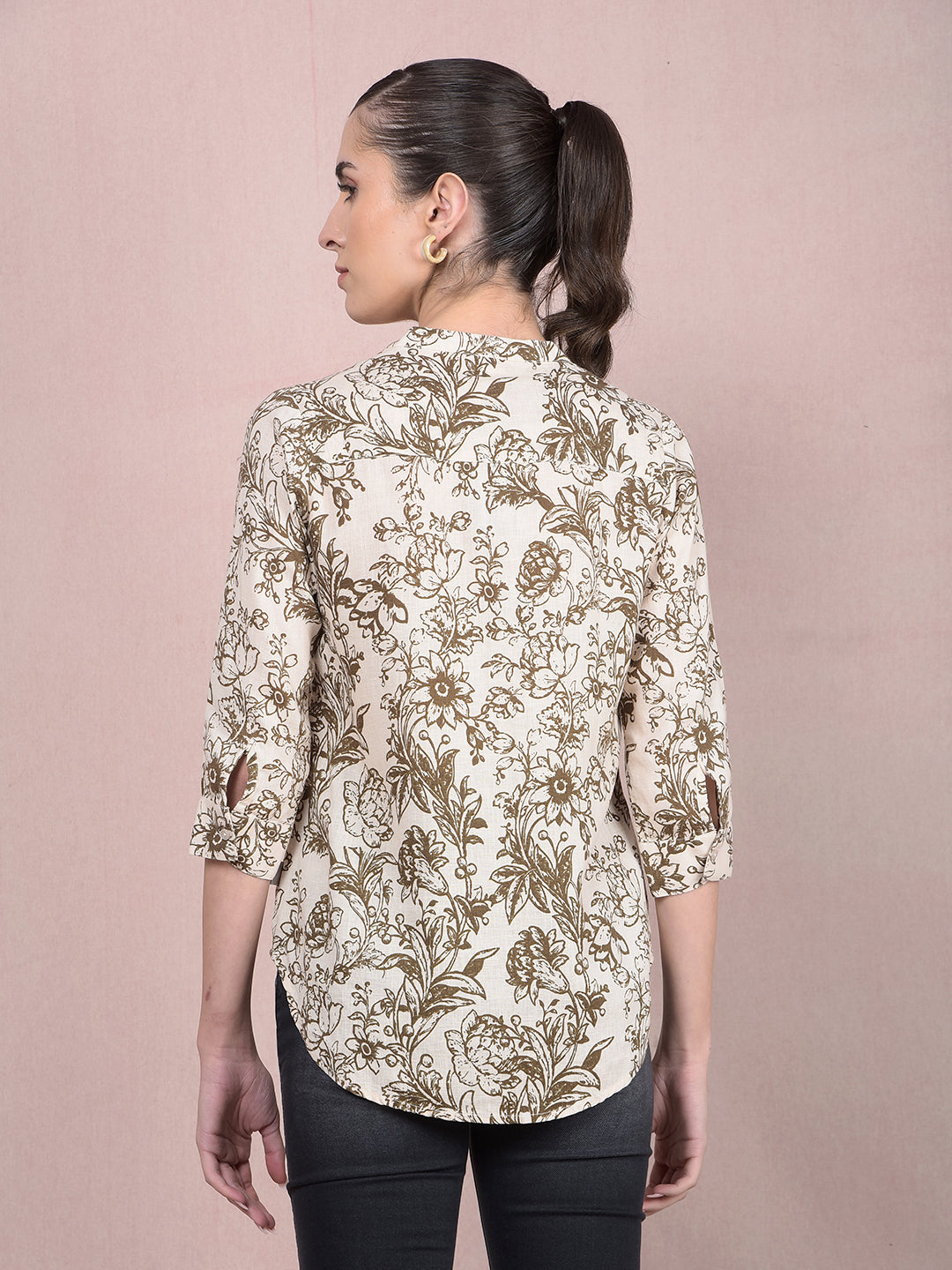 Brown Floral Print V-Neck Linen Top-Women Tops-Crimsoune Club