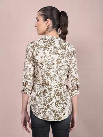 Brown Floral Print V-Neck Linen Top-Women Tops-Crimsoune Club