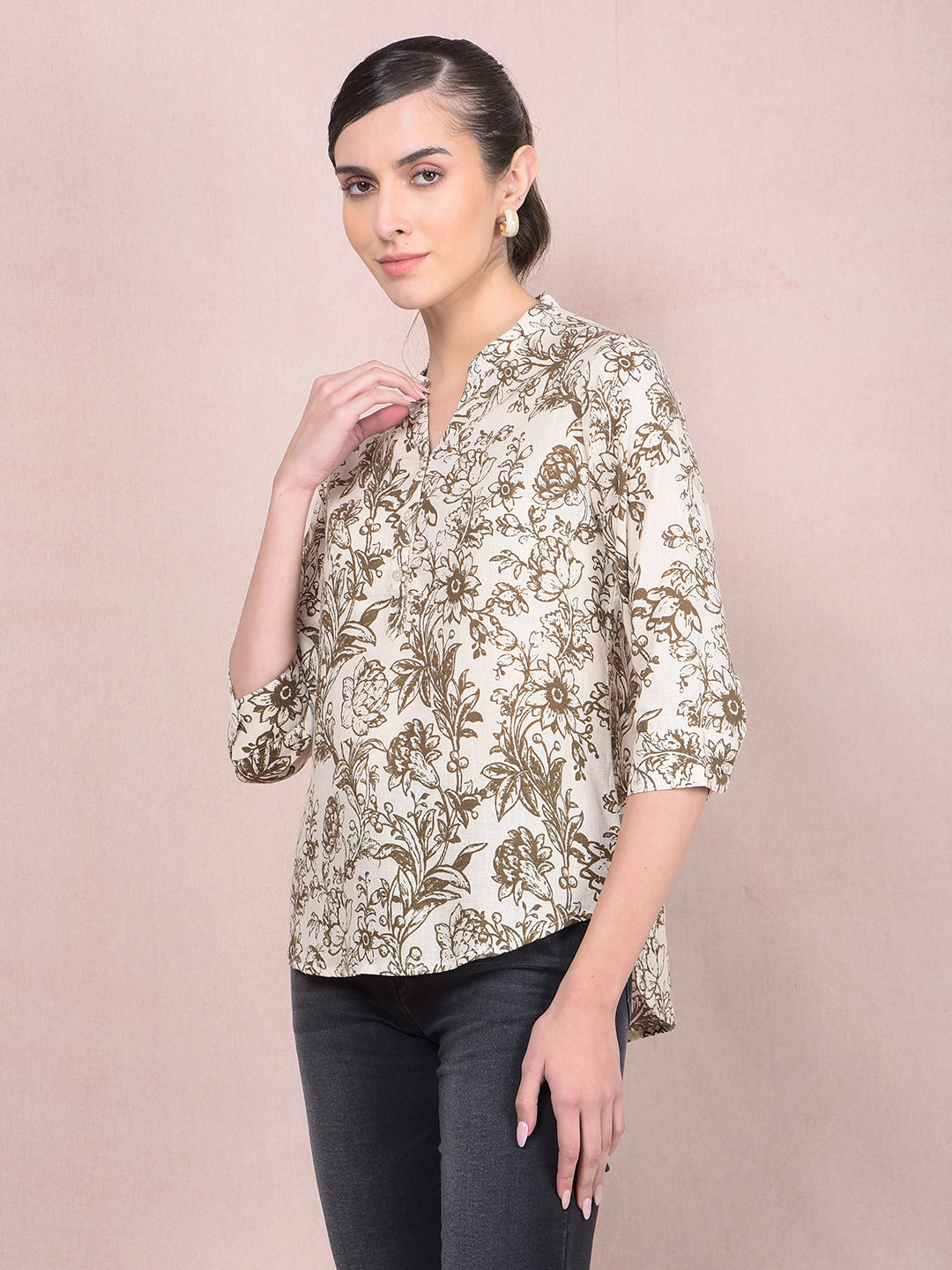 Brown Floral Print V-Neck Linen Top-Women Tops-Crimsoune Club