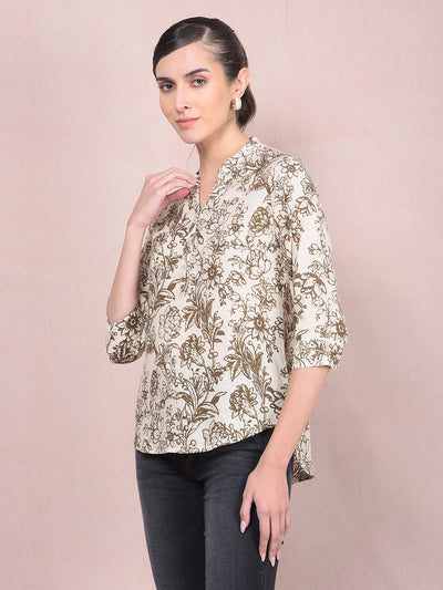 Brown Floral Print V-Neck Linen Top-Women Tops-Crimsoune Club