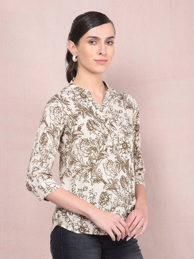 Brown Floral Print V-Neck Linen Top-Women Tops-Crimsoune Club