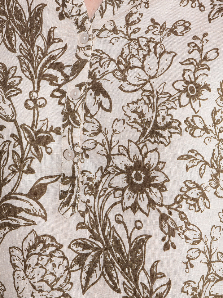 Brown Floral Print V-Neck Linen Top-Women Tops-Crimsoune Club