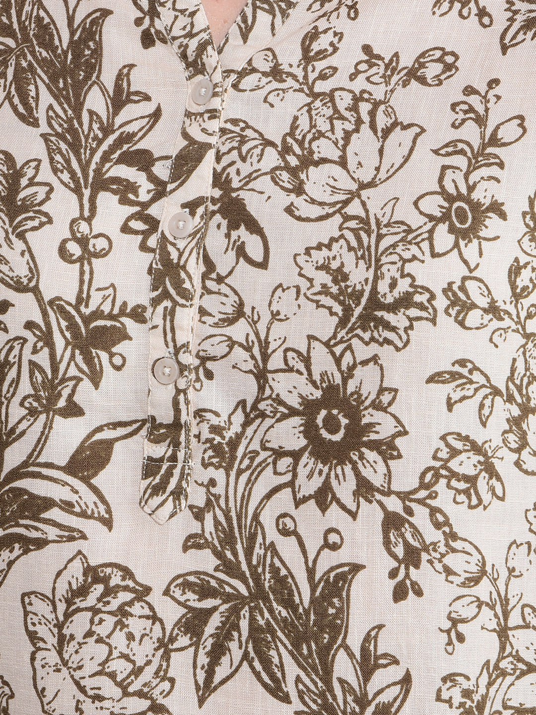 Brown Floral Print V-Neck Linen Top-Women Tops-Crimsoune Club