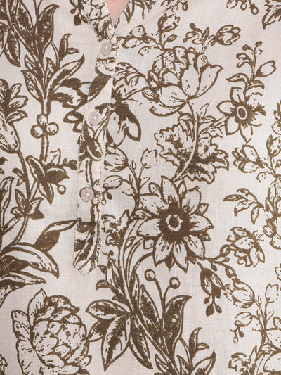 Brown Floral Print V-Neck Linen Top-Women Tops-Crimsoune Club