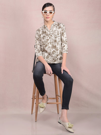 Brown Floral Print V-Neck Linen Top-Women Tops-Crimsoune Club