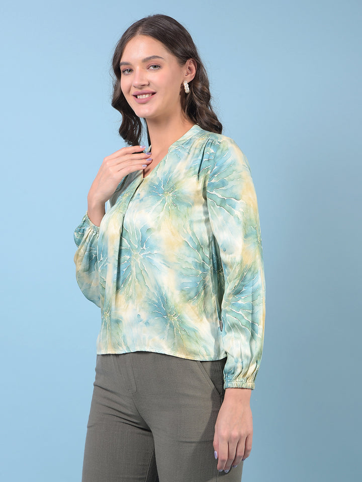 Women's Green Printed V-Neck Top-Women Tops-Crimsoune Club