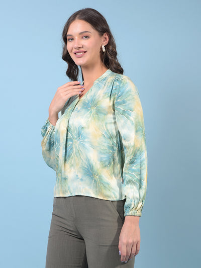 Women's Green Printed V-Neck Top-Women Tops-Crimsoune Club
