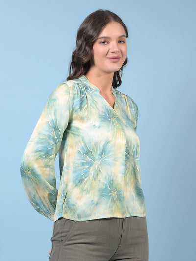 Women's Green Printed V-Neck Top-Women Tops-Crimsoune Club