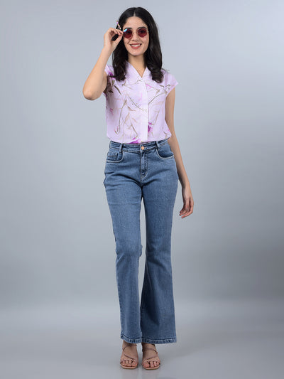 Purple Floral Print V-Neck Top-Women Tops-Crimsoune Club