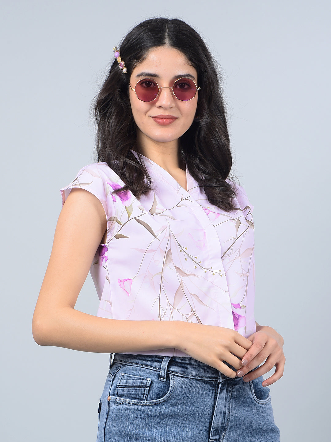 Purple Floral Print V-Neck Top-Women Tops-Crimsoune Club