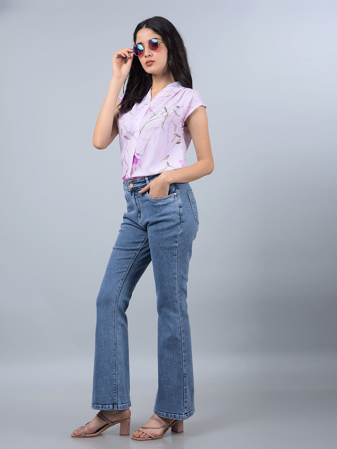 Purple Floral Print V-Neck Top-Women Tops-Crimsoune Club