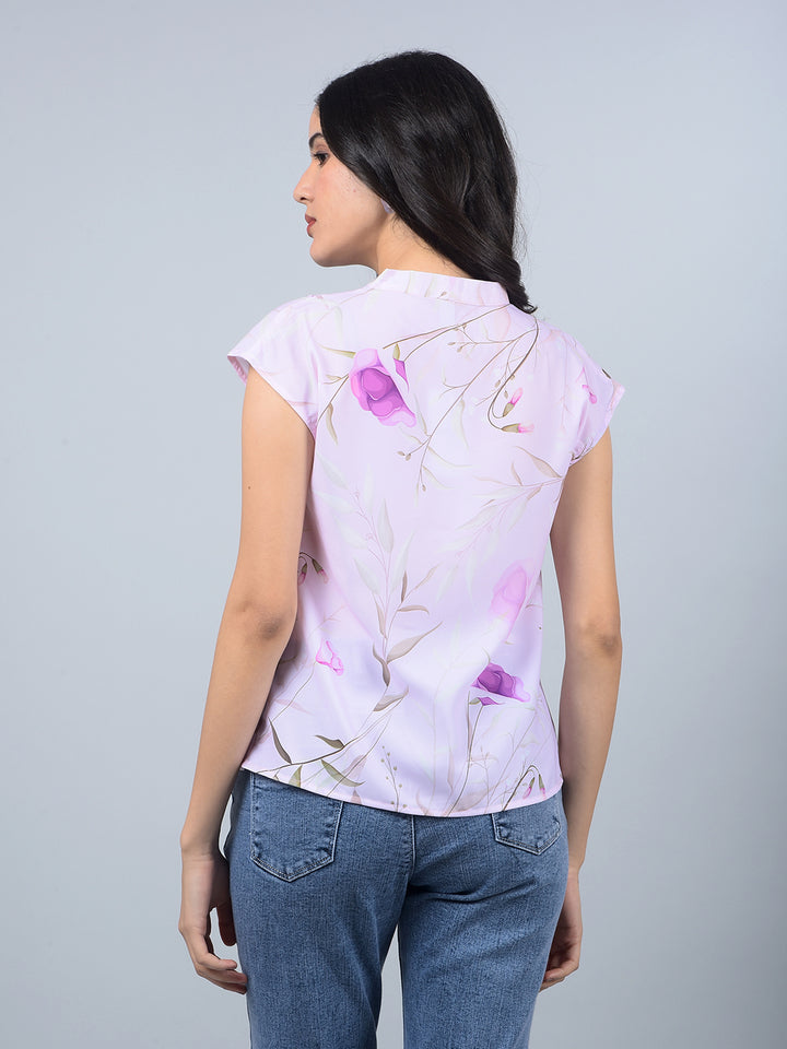 Purple Floral Print V-Neck Top-Women Tops-Crimsoune Club