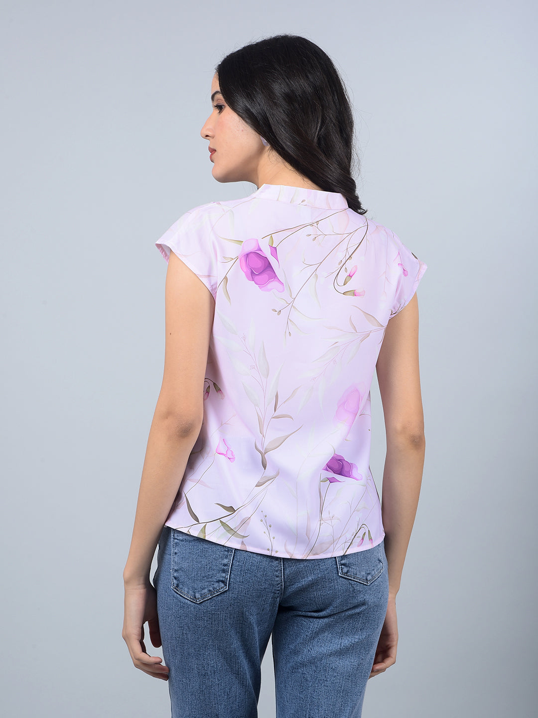 Purple Floral Print V-Neck Top-Women Tops-Crimsoune Club