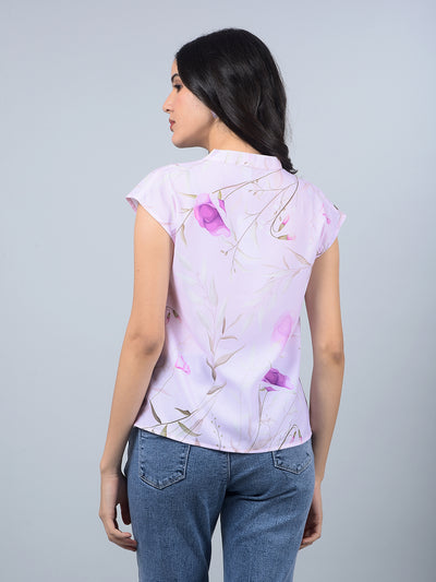 Purple Floral Print V-Neck Top-Women Tops-Crimsoune Club
