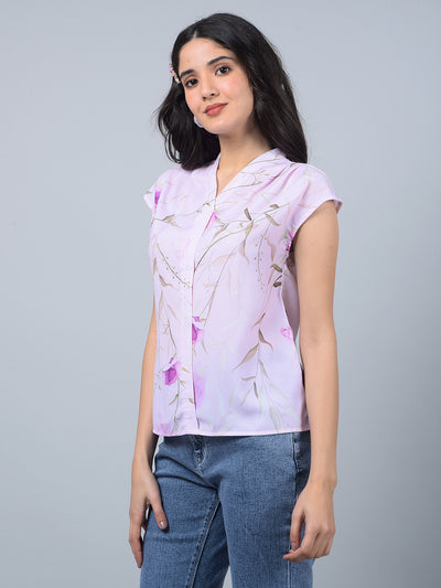 Purple Floral Print V-Neck Top-Women Tops-Crimsoune Club