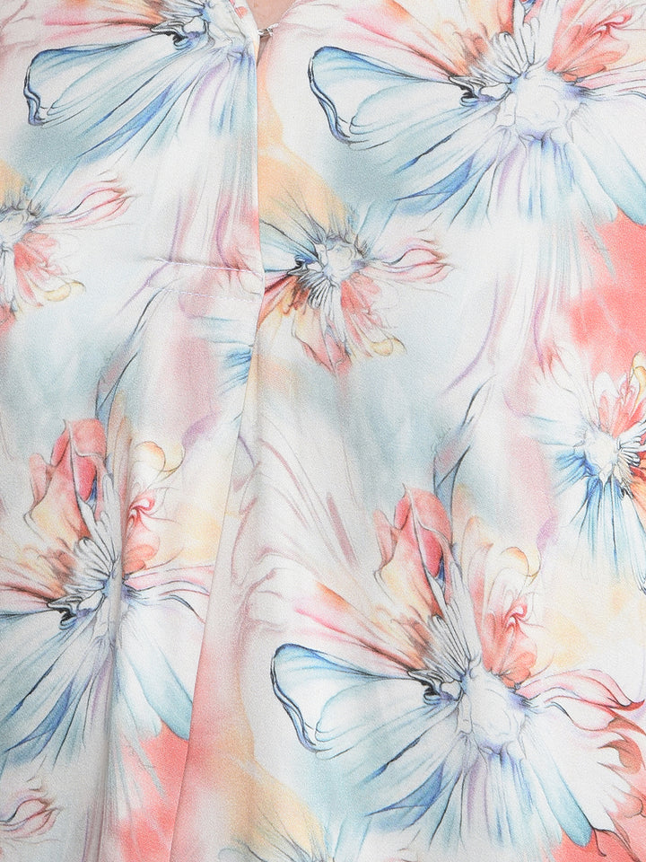 Peach Floral Print V-Neck Top-Women Tops-Crimsoune Club