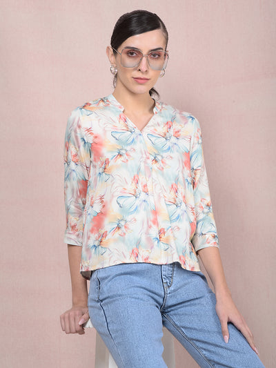 Peach Floral Print V-Neck Top-Women Tops-Crimsoune Club