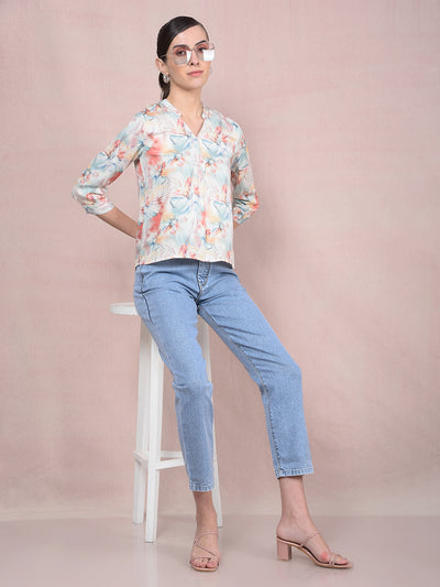Peach Floral Print V-Neck Top-Women Tops-Crimsoune Club