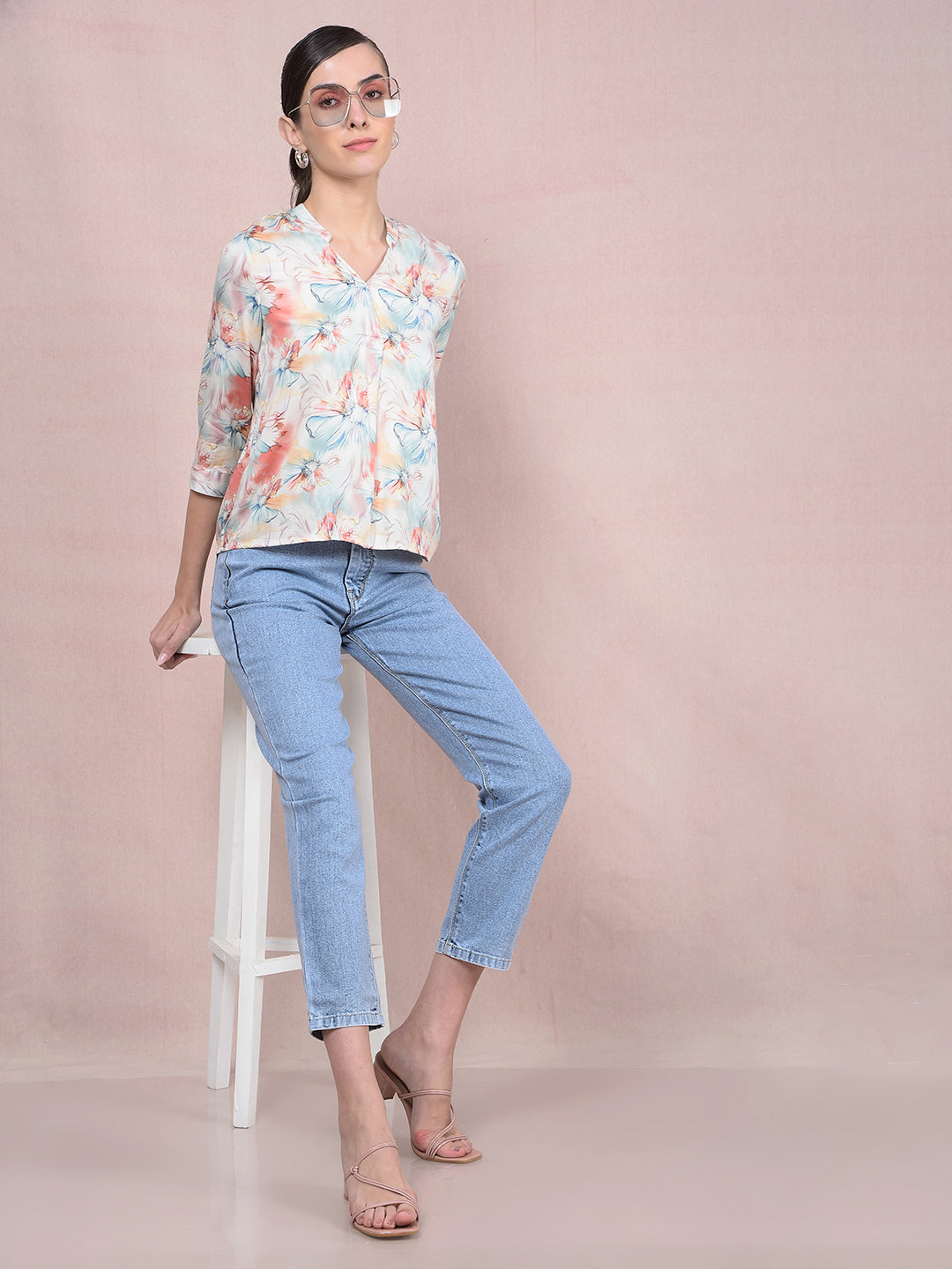 Peach Floral Print V-Neck Top-Women Tops-Crimsoune Club