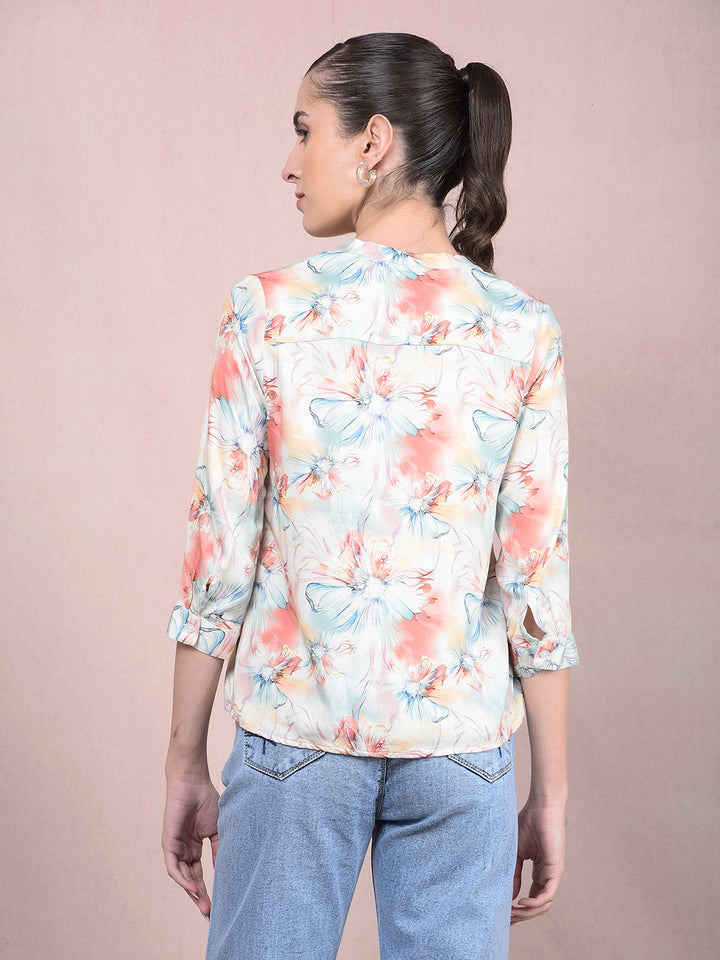 Peach Floral Print V-Neck Top-Women Tops-Crimsoune Club