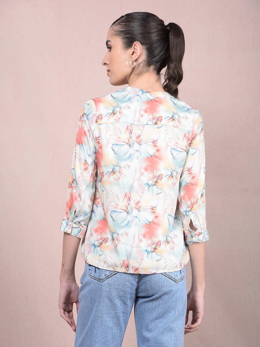 Peach Floral Print V-Neck Top-Women Tops-Crimsoune Club