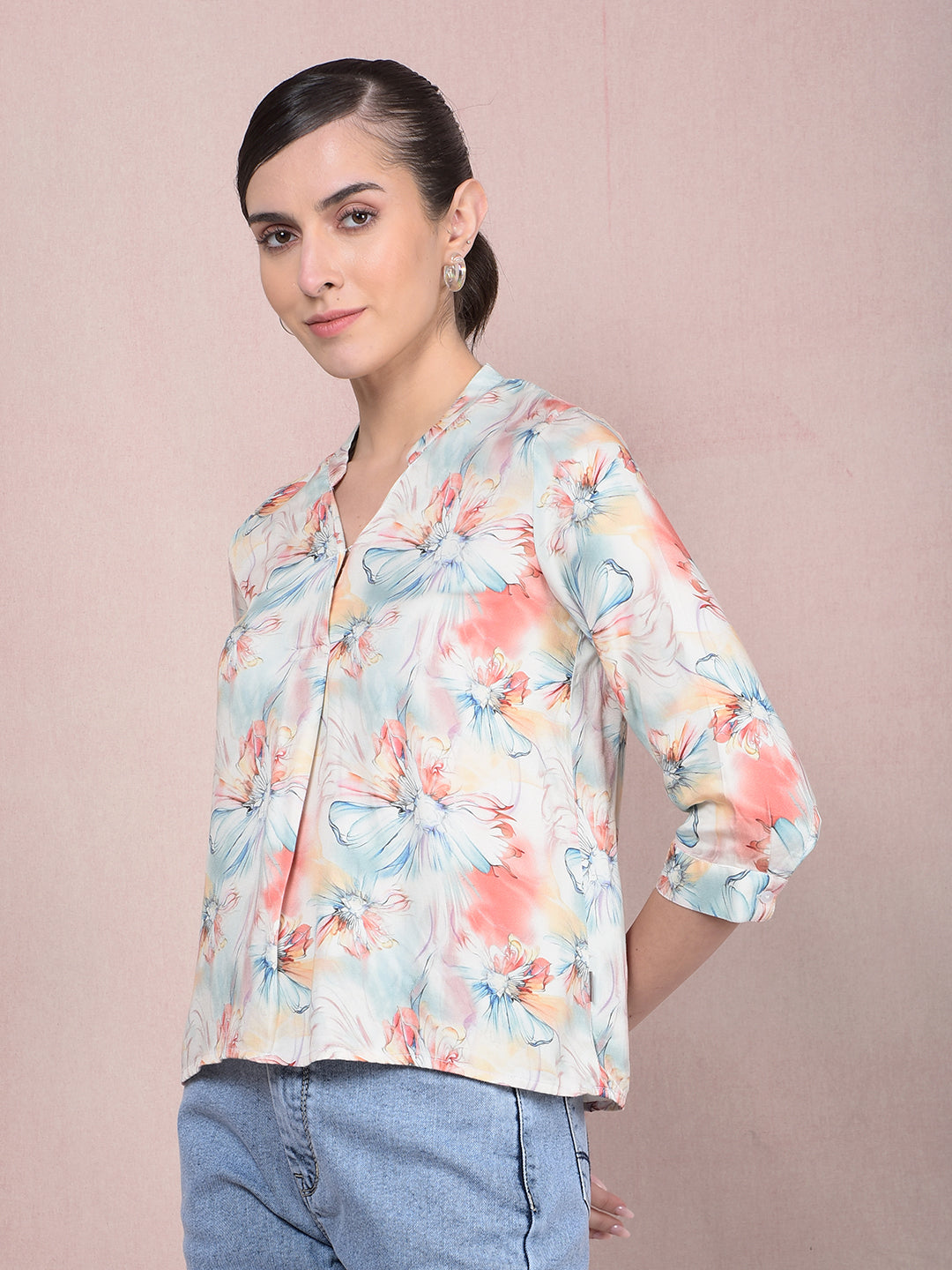 Peach Floral Print V-Neck Top-Women Tops-Crimsoune Club