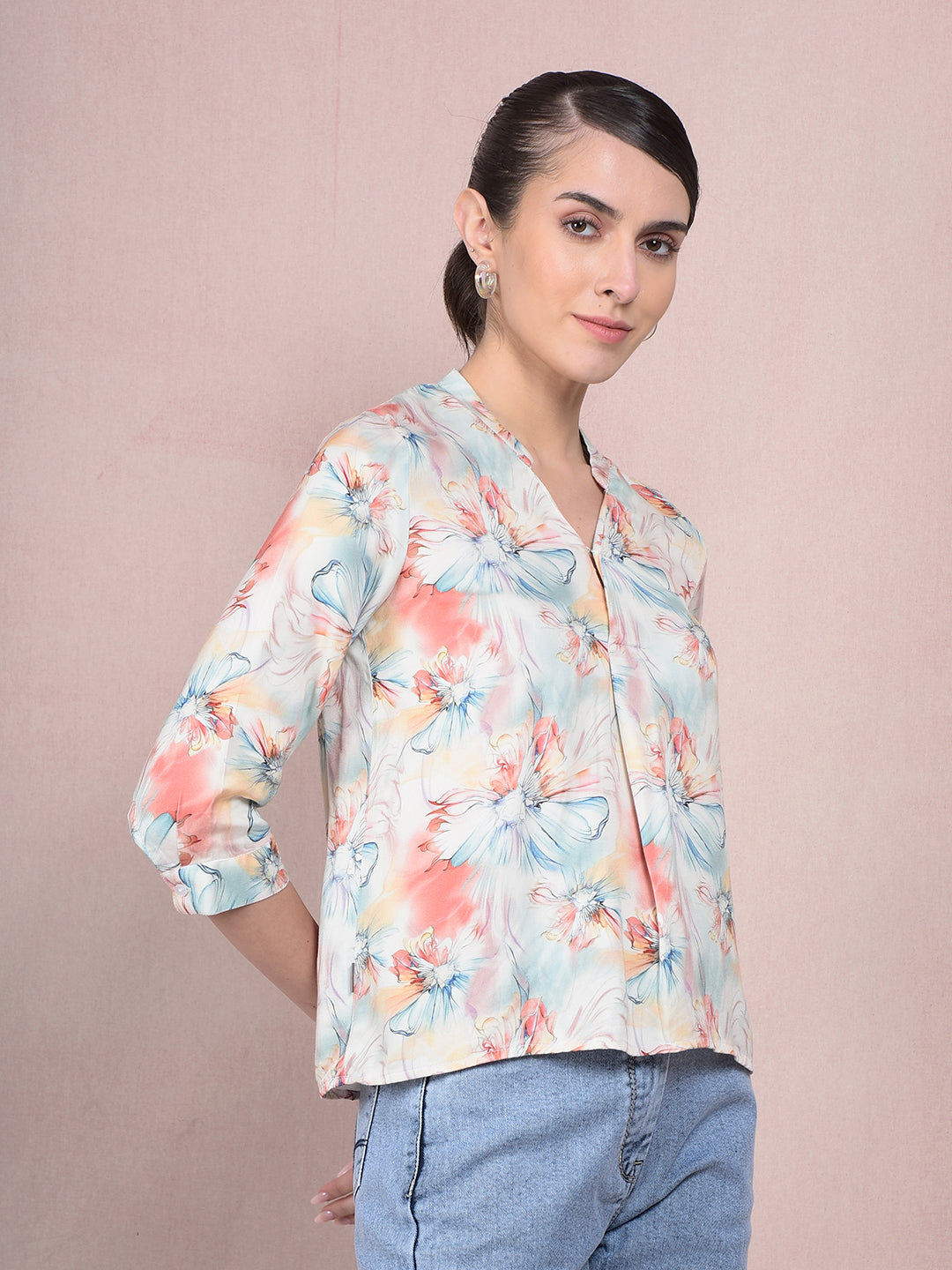 Peach Floral Print V-Neck Top-Women Tops-Crimsoune Club