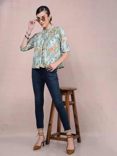 Green Floral Print Top-Women Tops-Crimsoune Club