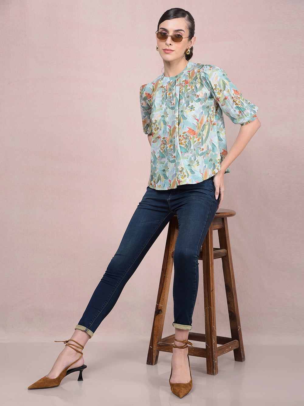 Green Floral Print Top-Women Tops-Crimsoune Club