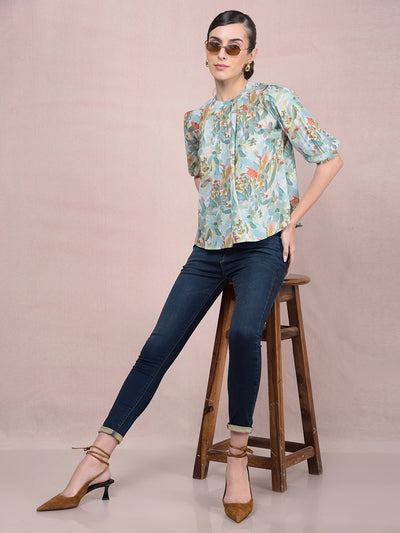 Green Floral Print Top-Women Tops-Crimsoune Club